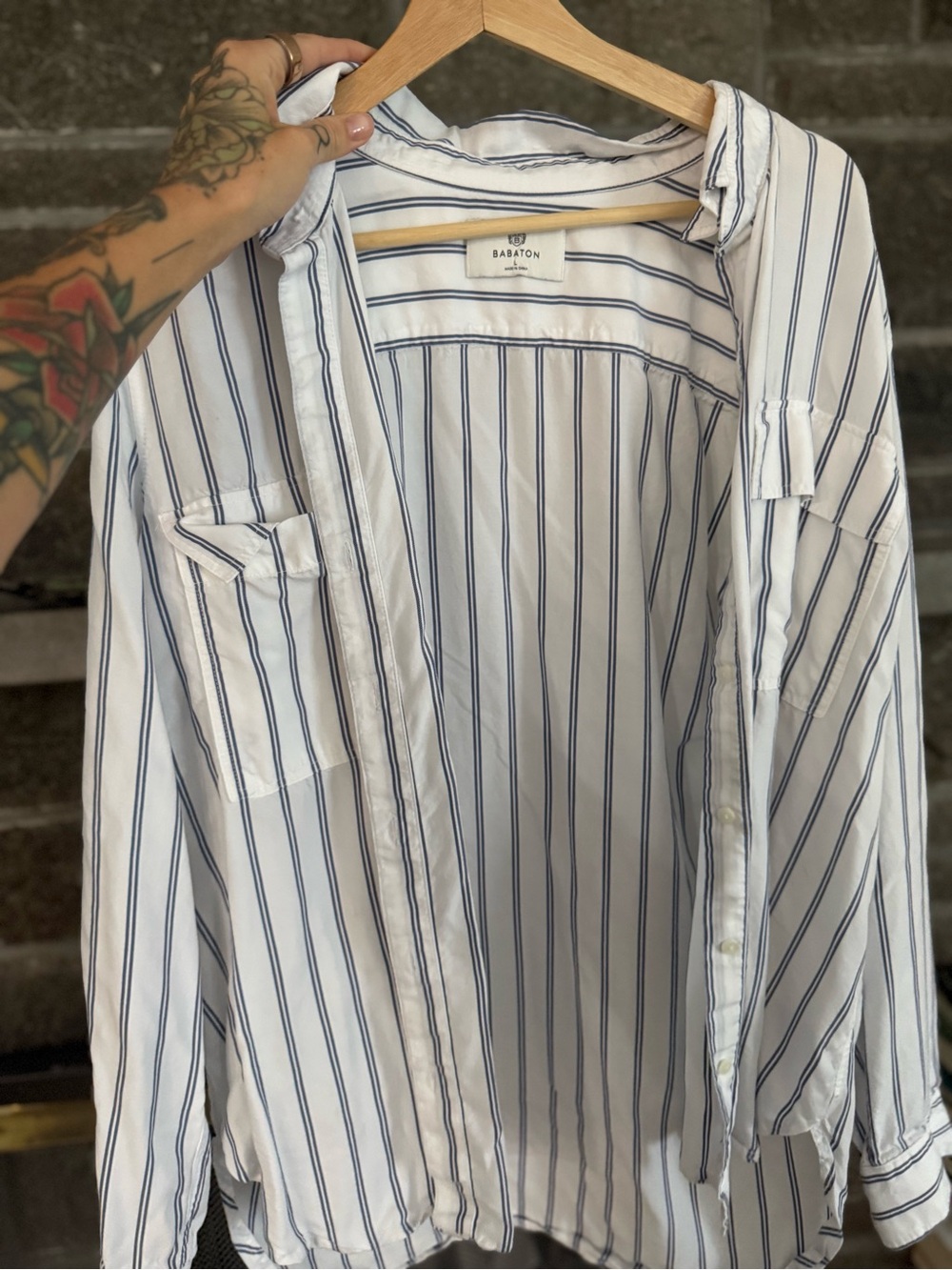 Babaton Utility White Shirt with Navy Stripes